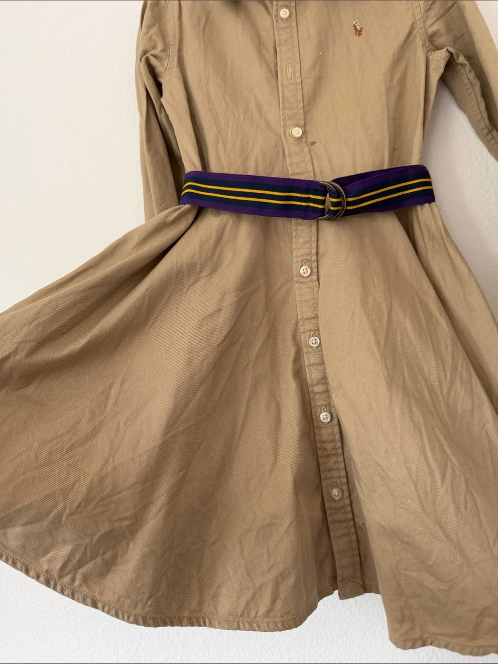 Ralph Lauren belted long sleeve khaki chino dress with collar little girls sz 6